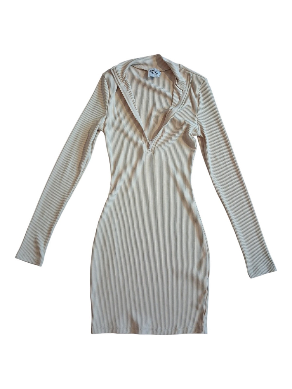 Princess Polly Long Sleeve Ribbed Zip-Front Bodycon Dress - Cream